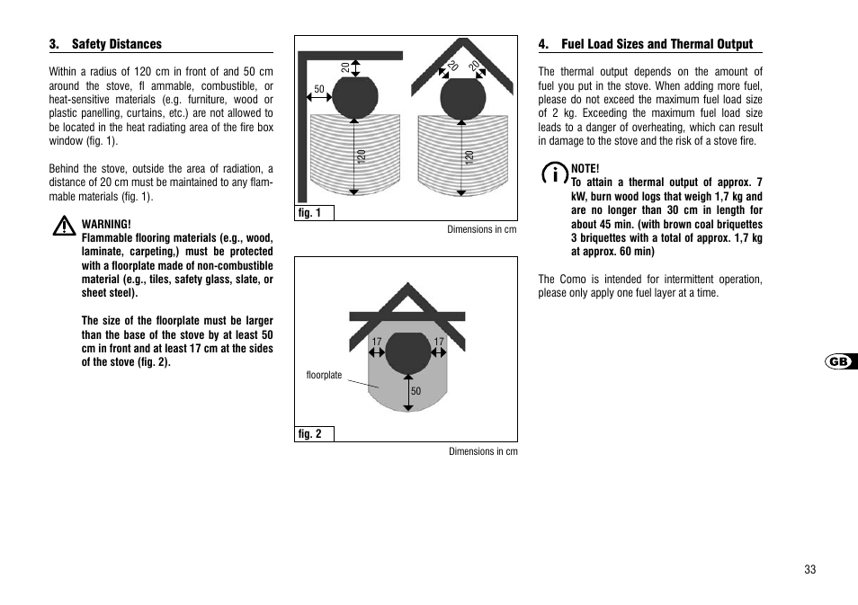 Safety distances, Fuel load sizes and thermal output, Direct vent operation | Hase Como User Manual | Page 33 / 48