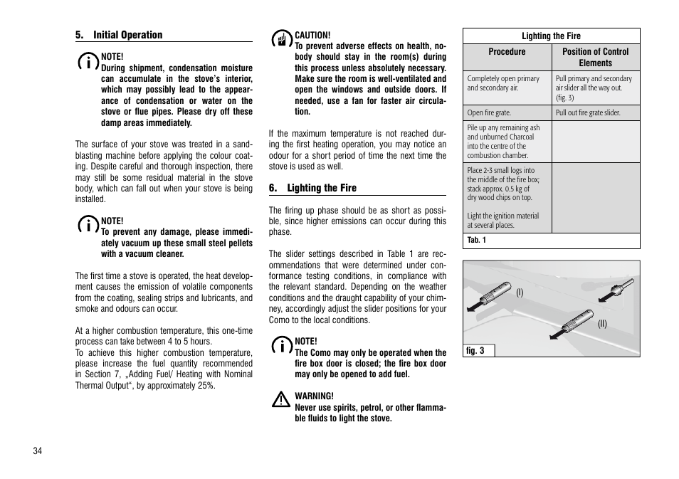Initial operation, Lighting the fire, Initial operation 6. lighting the fire 34 | Hase Como User Manual | Page 34 / 48