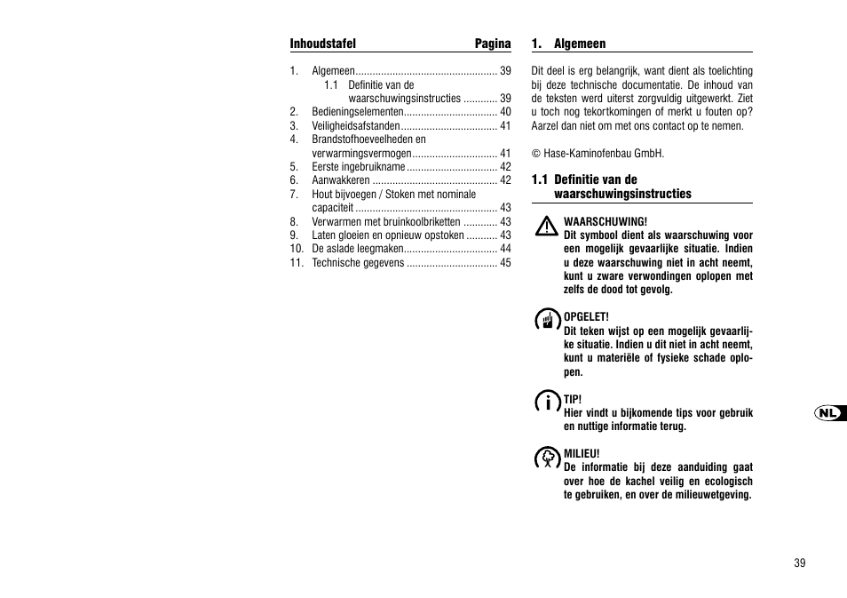 Algemeen, 1 definitie van de, Waarschuwingsinstructies | Hase Como User Manual | Page 39 / 48