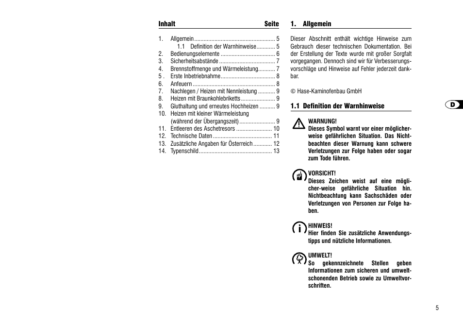 Allgemein, 1 definition der warnhinweise | Hase Como User Manual | Page 5 / 48