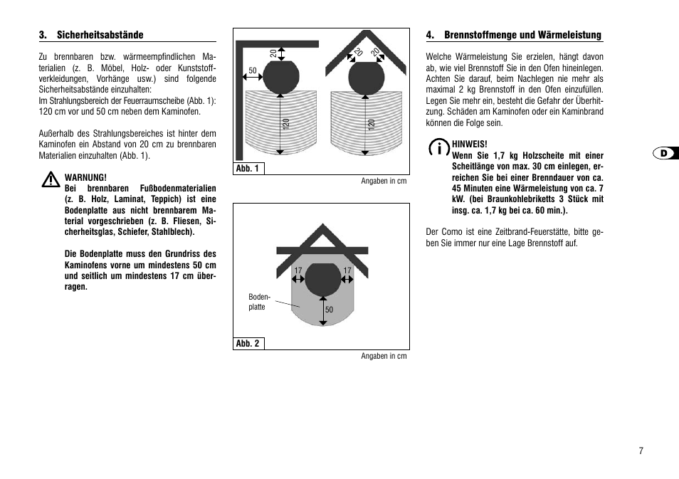 Sicherheitsabstände, Brennstoffmenge und wärmeleistung | Hase Como User Manual | Page 7 / 48