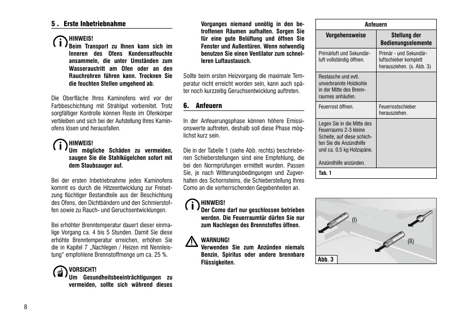 5 . erste inbetriebnahme, Anfeuern, 5 . erste inbetriebnahme 6. anfeuern | Hase Como User Manual | Page 8 / 48
