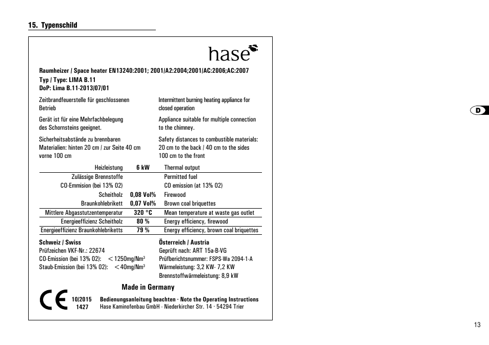 Typenschild | Hase Lima User Manual | Page 13 / 48