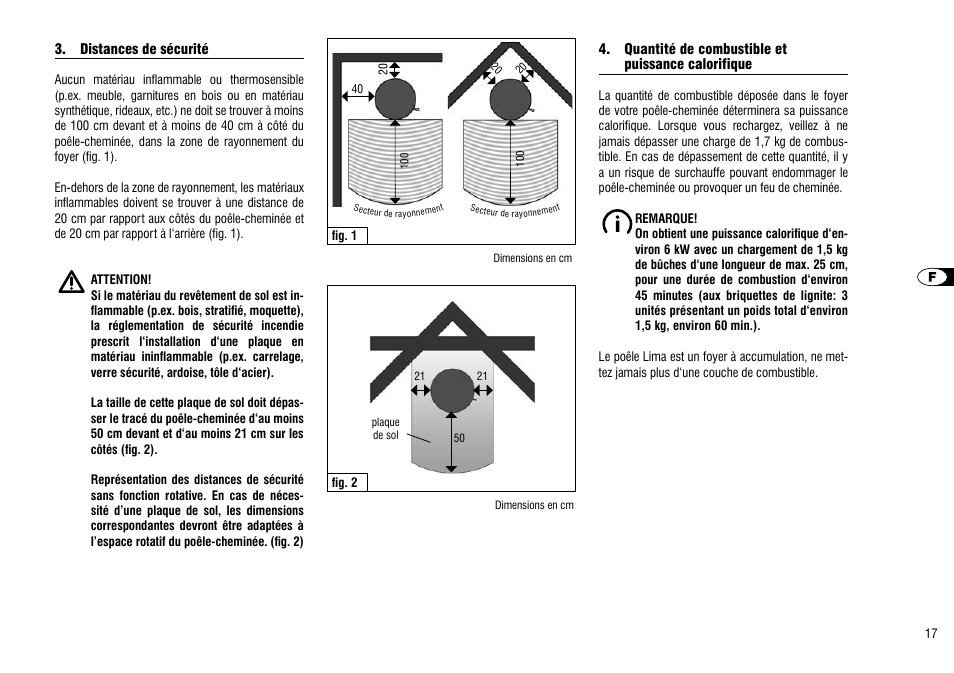 Distances de sécurité, Quantité de combustible et, Puissance calorifique | Hase Lima User Manual | Page 17 / 48