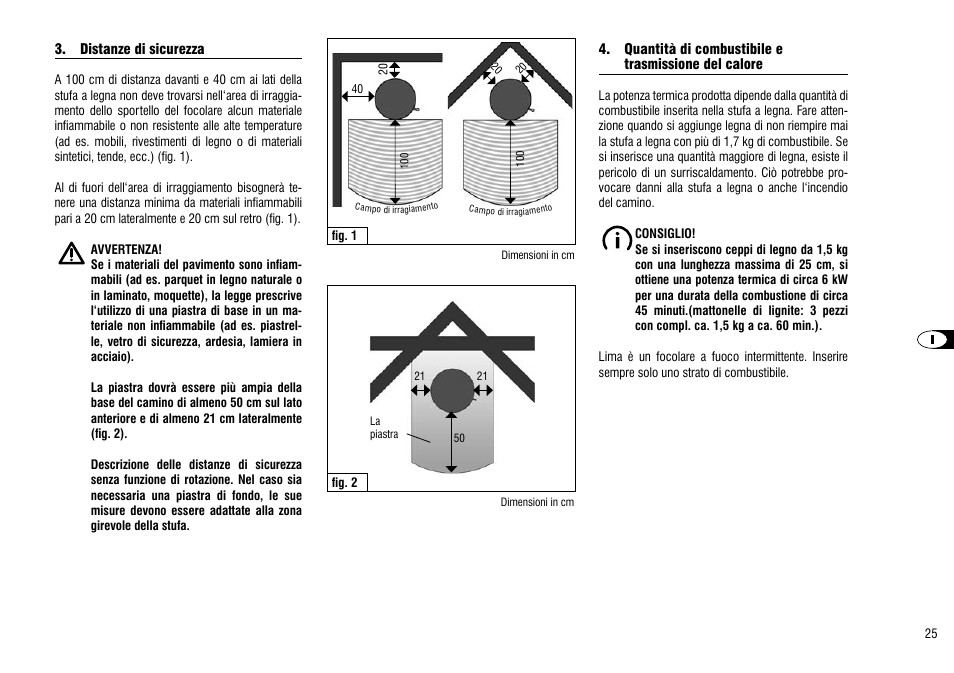 Distanze di sicurezza, Quantità di combustibile e, Trasmissione del calore | Hase Lima User Manual | Page 25 / 48