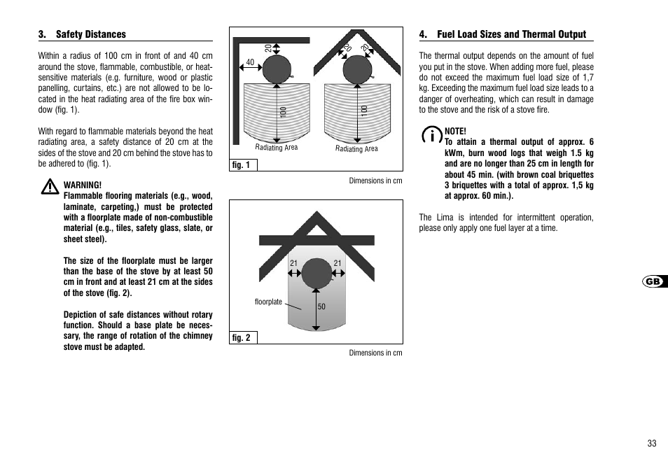 Safety distances, Fuel load sizes and thermal output | Hase Lima User Manual | Page 33 / 48