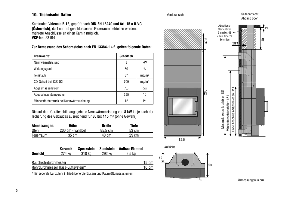 Technische daten | Hase Valencia User Manual | Page 10 / 48