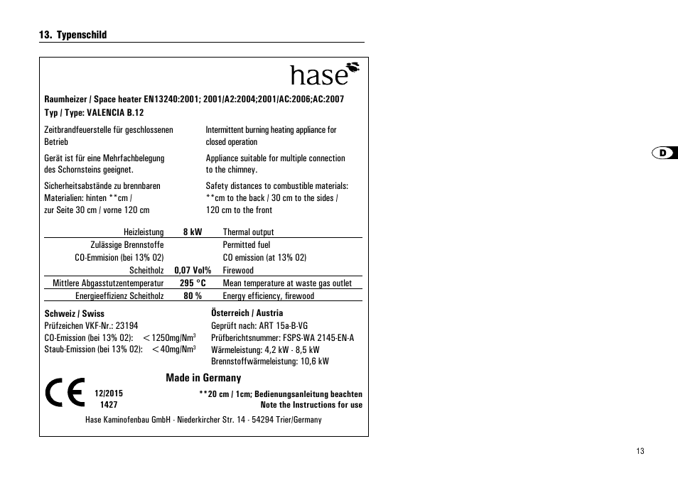 Typenschild | Hase Valencia User Manual | Page 13 / 48