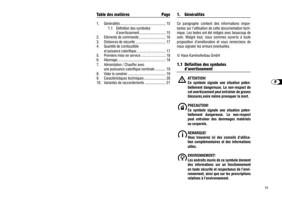 Généralités, 1 définition des symboles d‘avertissement | Hase Valencia User Manual | Page 15 / 48