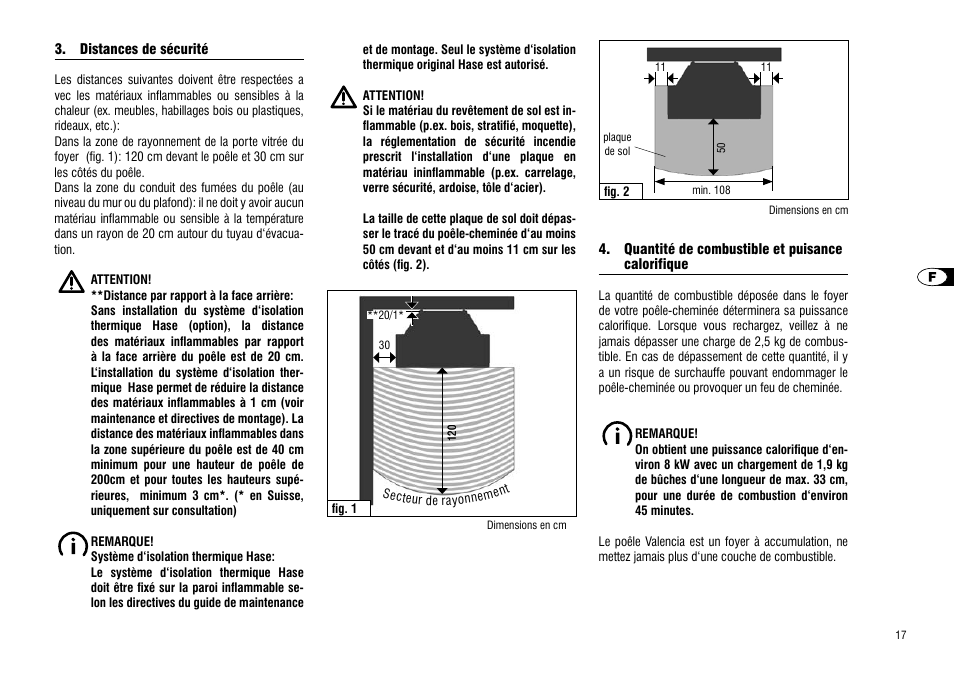 Distances de sécurité, Quantité de combustible et puisance calorifique, Distances de sécurité 4. quantité de combustible | Et puisance calorifique | Hase Valencia User Manual | Page 17 / 48
