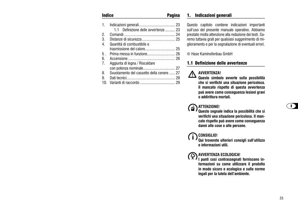 Indicazioni generali, 1 definizione delle avvertenze | Hase Valencia User Manual | Page 23 / 48