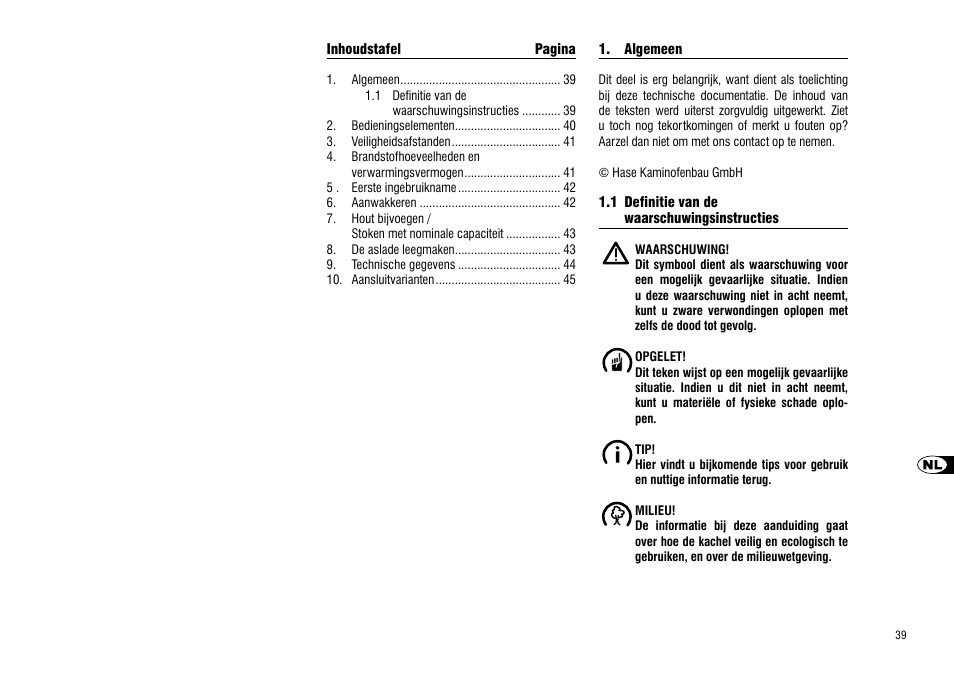 Algemeen, 1 definitie van de, Waarschuwingsinstructies | Hase Valencia User Manual | Page 39 / 48