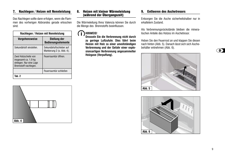 Während der übergangszeit), Entleeren des aschetresors | Hase Valencia User Manual | Page 9 / 48