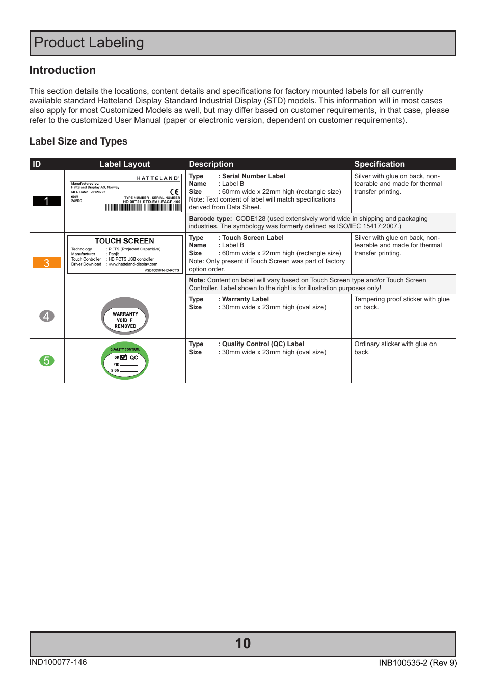 Product labeling, Introduction, Label size and types | Hatteland Display 13 inch - HD 13T21 STD (Widescreen) User Manual | Page 10 / 50