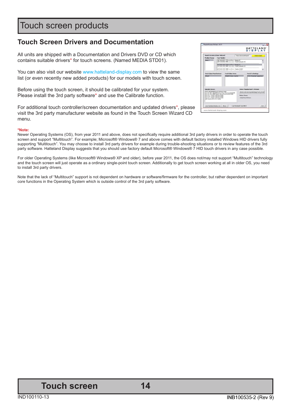 14 touch screen, Touch screen products, Touch screen drivers and documentation | Hatteland Display 13 inch - HD 13T21 STD (Widescreen) User Manual | Page 14 / 50