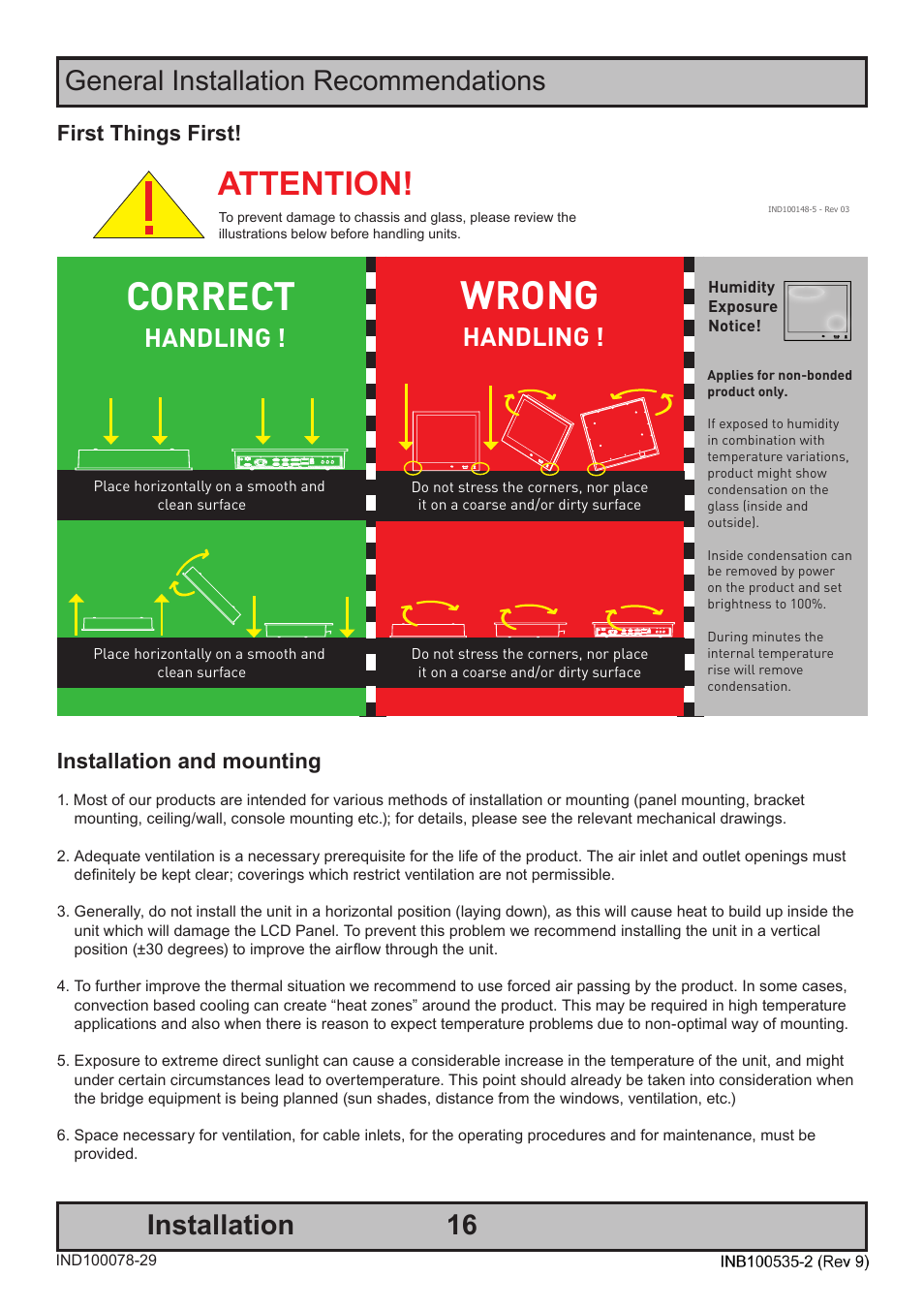 Correct, Wrong, Attention | 16 installation, General installation recommendations, Handling, First things first, Installation and mounting | Hatteland Display 13 inch - HD 13T21 STD (Widescreen) User Manual | Page 16 / 50