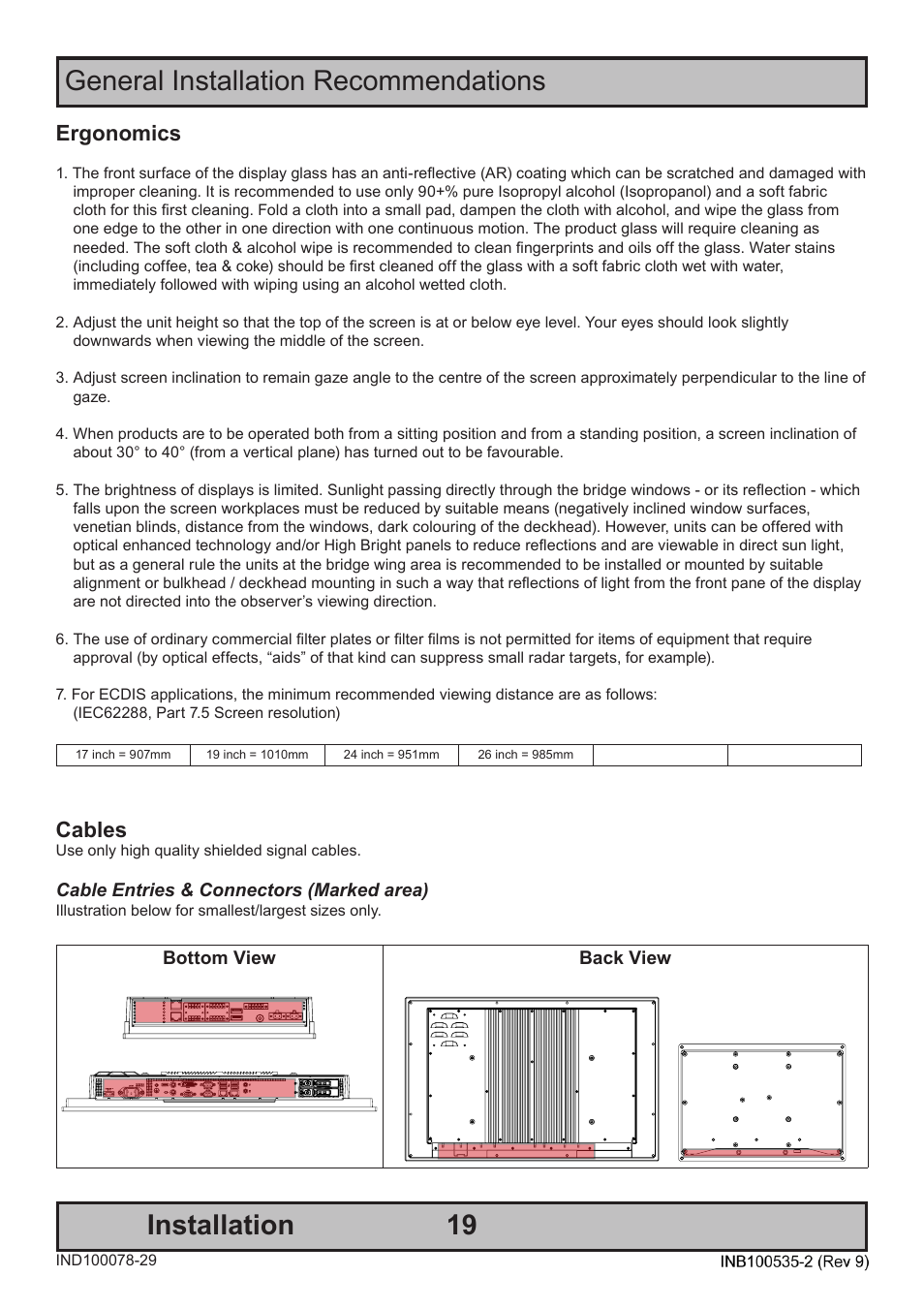 Ergonomics, Cables | Hatteland Display 13 inch - HD 13T21 STD (Widescreen) User Manual | Page 19 / 50