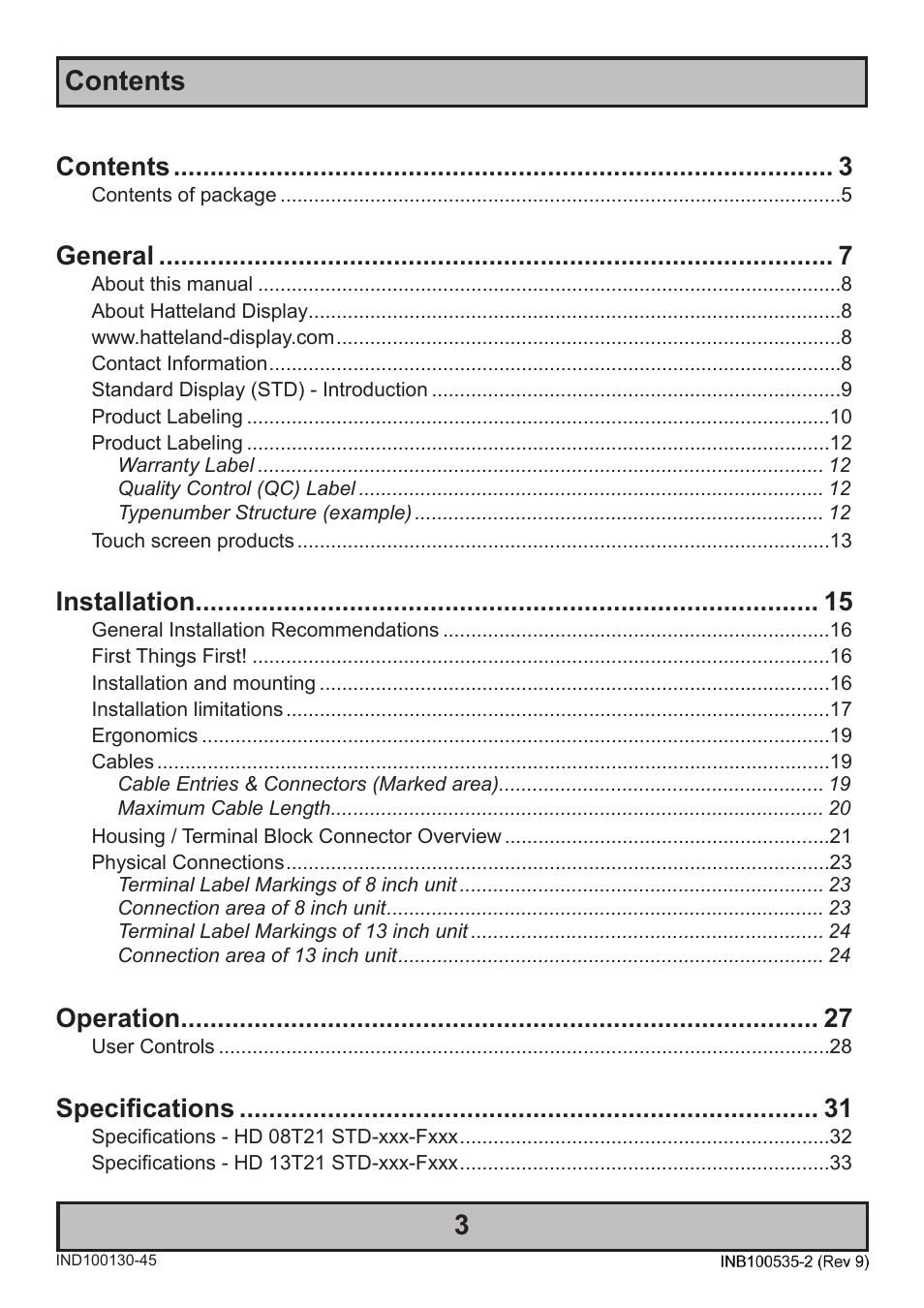 Hatteland Display 13 inch - HD 13T21 STD (Widescreen) User Manual | Page 3 / 50