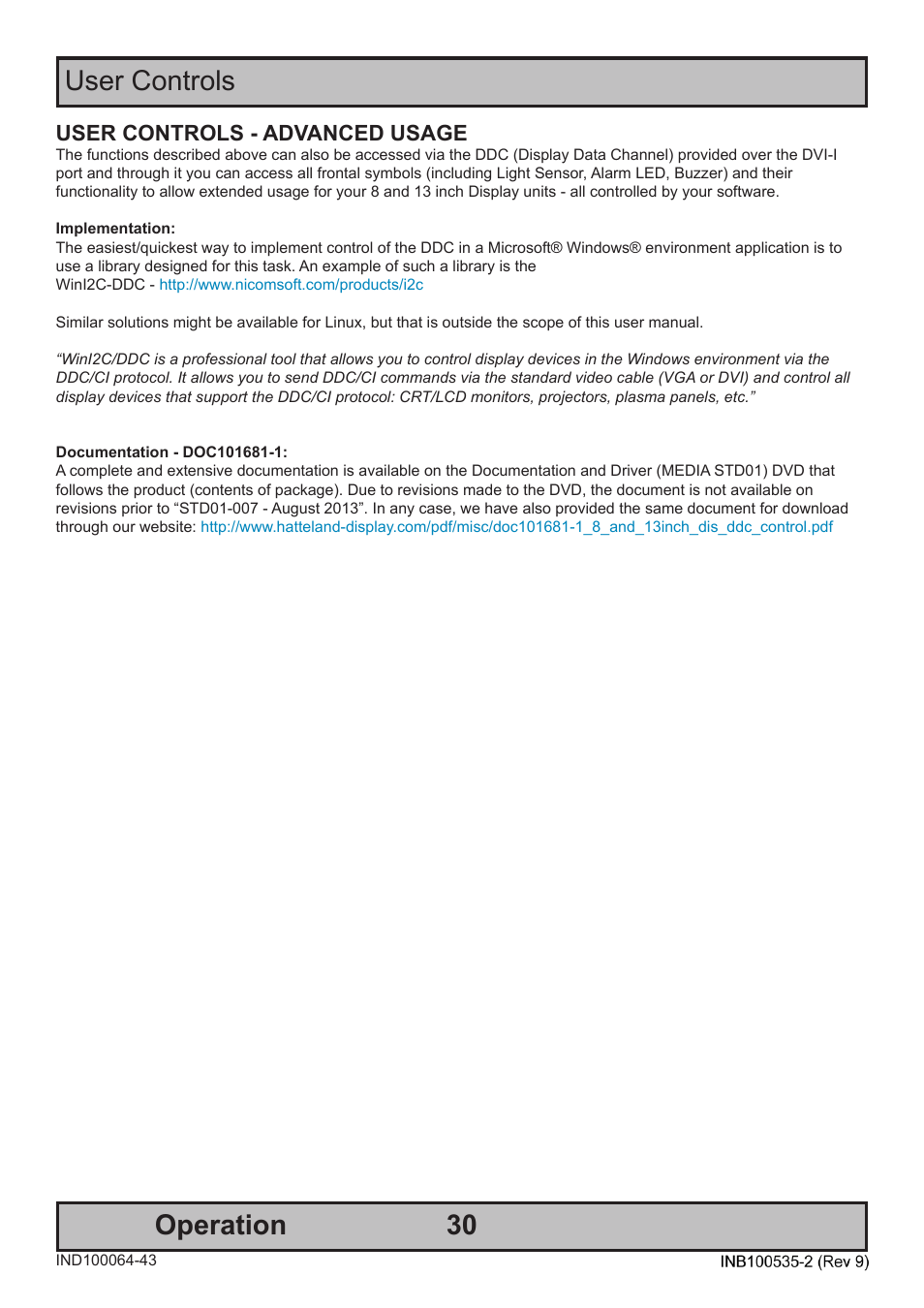 30 operation user controls, User controls - advanced usage | Hatteland Display 13 inch - HD 13T21 STD (Widescreen) User Manual | Page 30 / 50