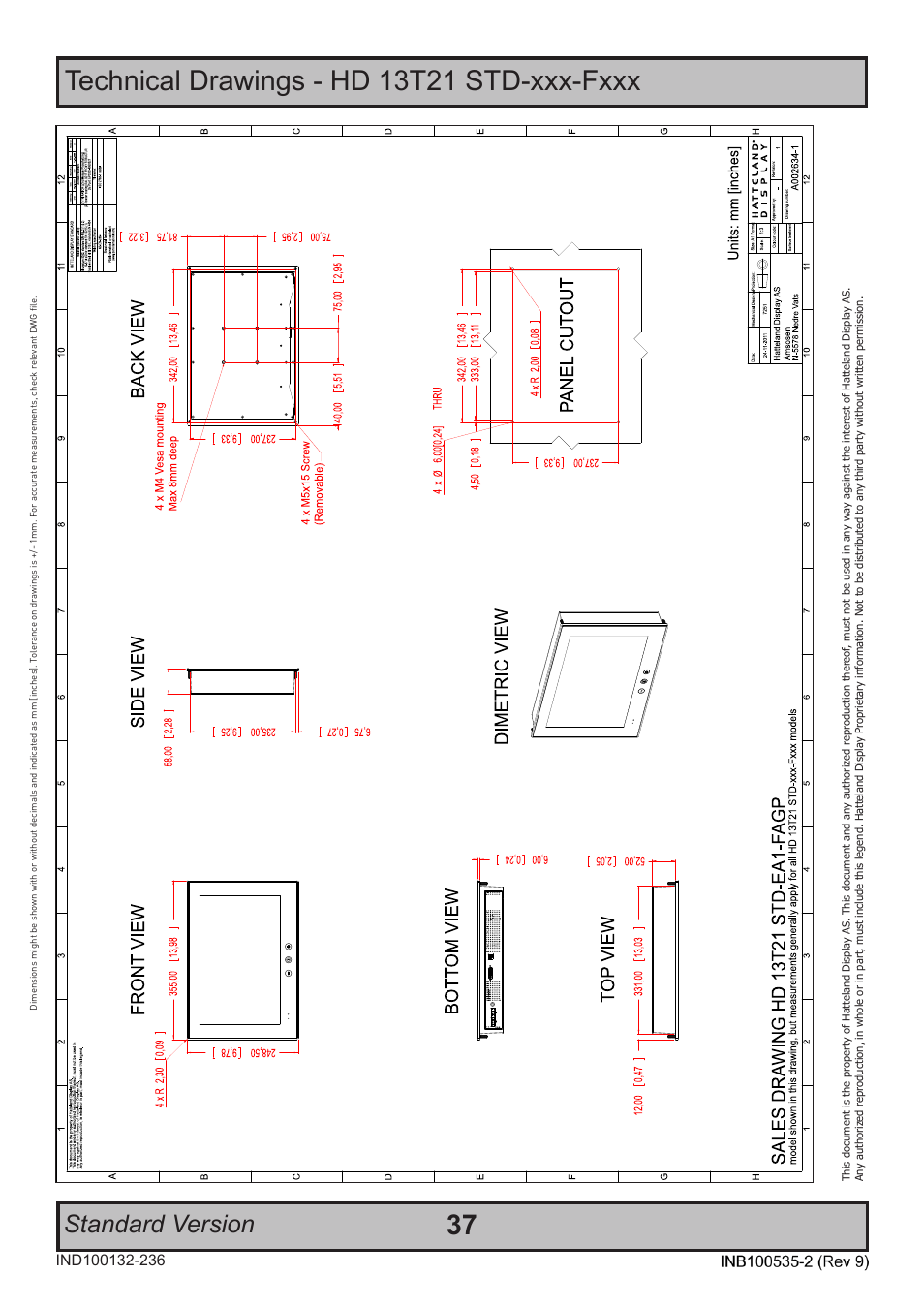Technical drawings - hd 13t21 std-xxx-fxxx, Standard version | Hatteland Display 13 inch - HD 13T21 STD (Widescreen) User Manual | Page 37 / 50