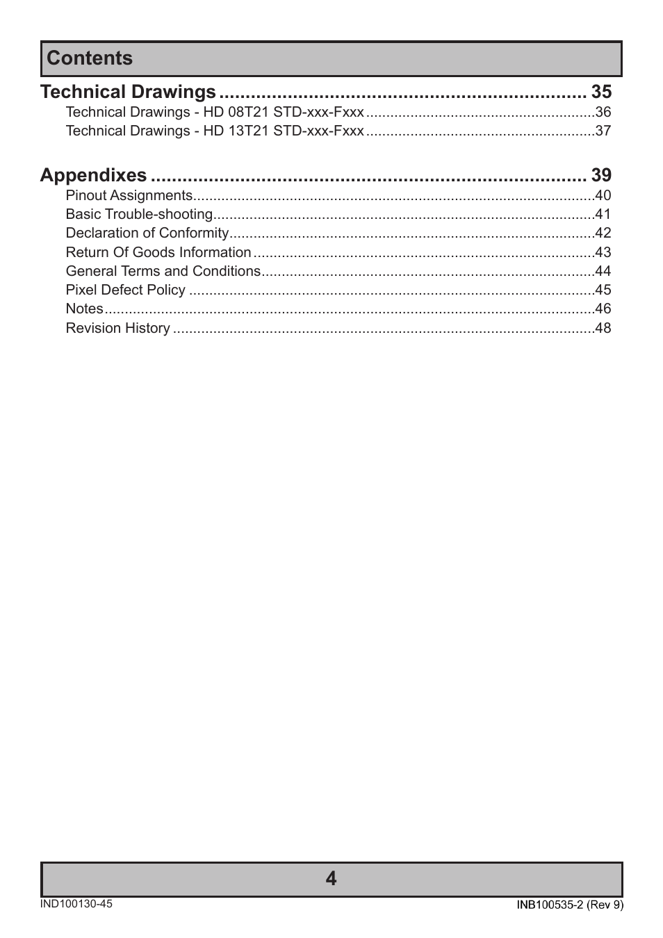 Contents 4, Technical drawings, Appendixes | Hatteland Display 13 inch - HD 13T21 STD (Widescreen) User Manual | Page 4 / 50