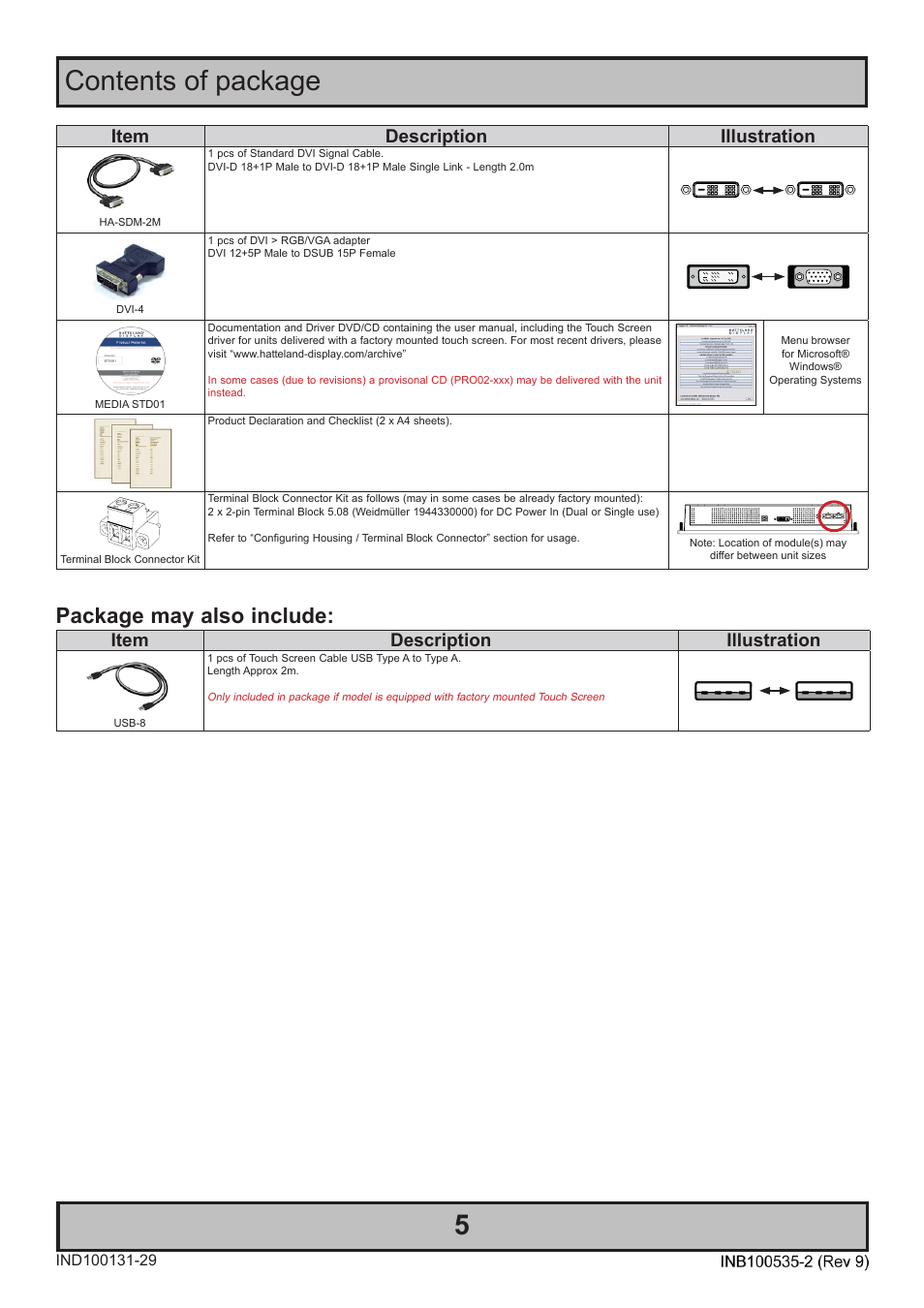 Contents of package, Package may also include, Item description illustration | Hatteland Display 13 inch - HD 13T21 STD (Widescreen) User Manual | Page 5 / 50