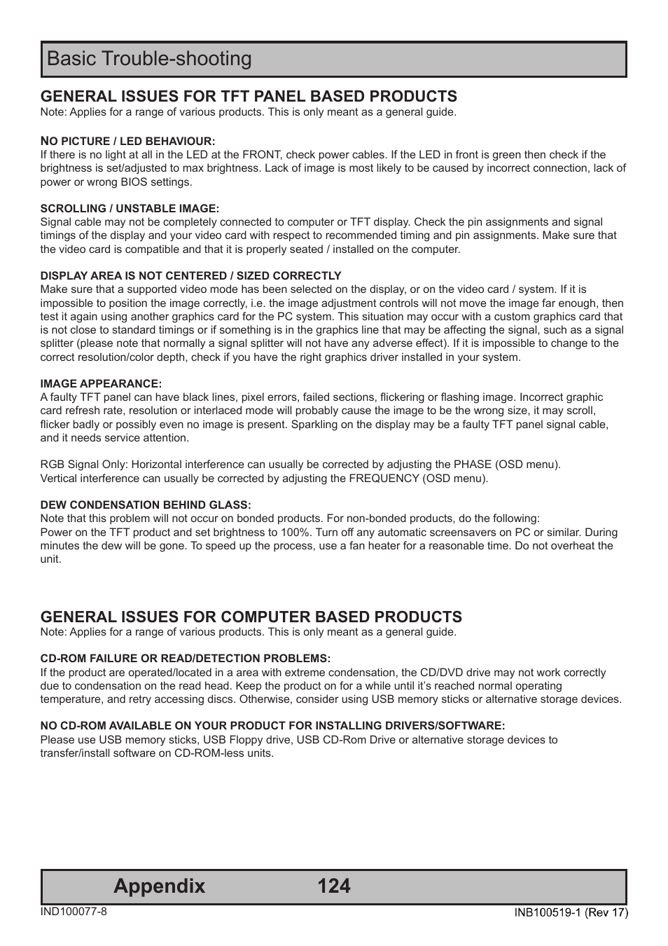 Appendix basic trouble-shooting, General issues for tft panel based products, General issues for computer based products | Hatteland Display 26 inch - HD 26T21 MMD (Widescreen, Touch Screen) User Manual | Page 124 / 134