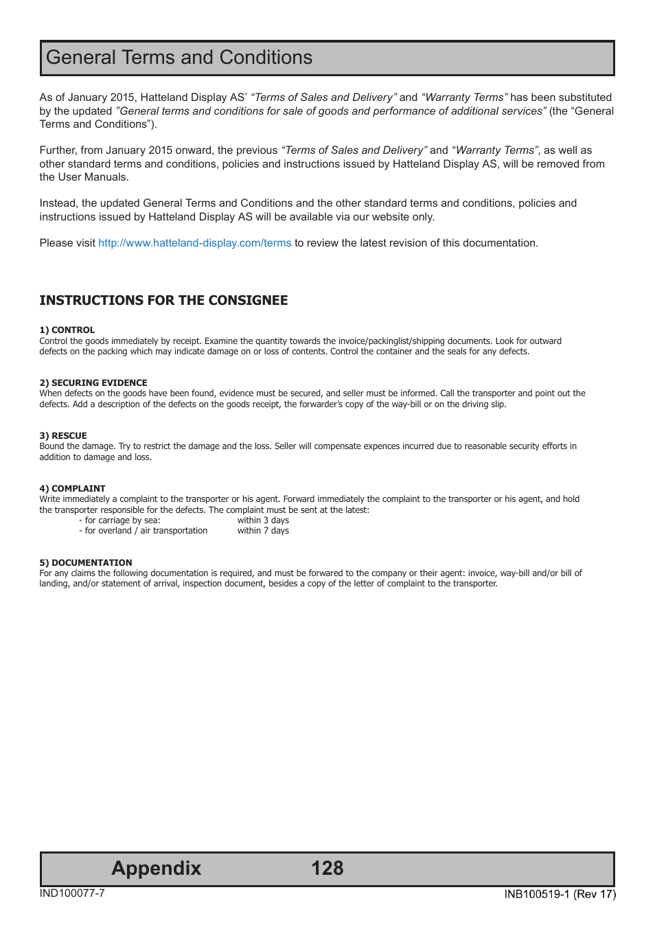 Appendix general terms and conditions, Instructions for the consignee | Hatteland Display 26 inch - HD 26T21 MMD (Widescreen, Touch Screen) User Manual | Page 128 / 134