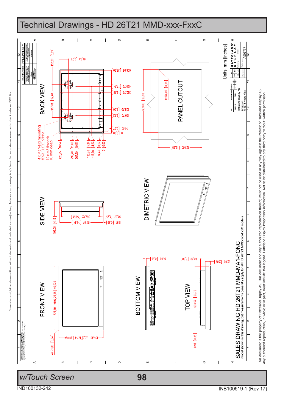 Technical drawings - hd 26t21 mmd-xxx-fxxc, W/touch screen | Hatteland Display 26 inch - HD 26T21 MMD (Widescreen, Touch Screen) User Manual | Page 98 / 134