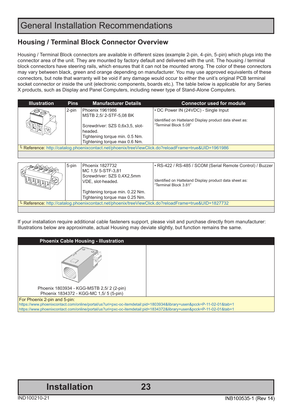 Housing / terminal block connector overview | Hatteland Display 26 inch - HD 26T21 STD (Widescreen) User Manual | Page 23 / 108