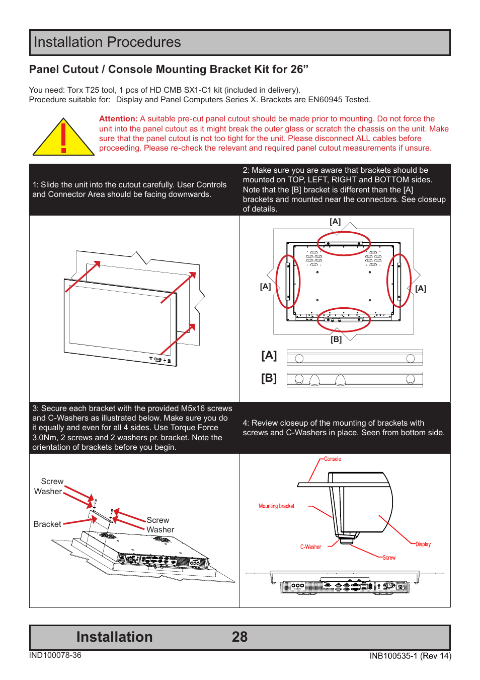 28 installation, Installation procedures, A] [b | Panel cutout / console mounting bracket kit for 26 | Hatteland Display 26 inch - HD 26T21 STD (Widescreen) User Manual | Page 28 / 108