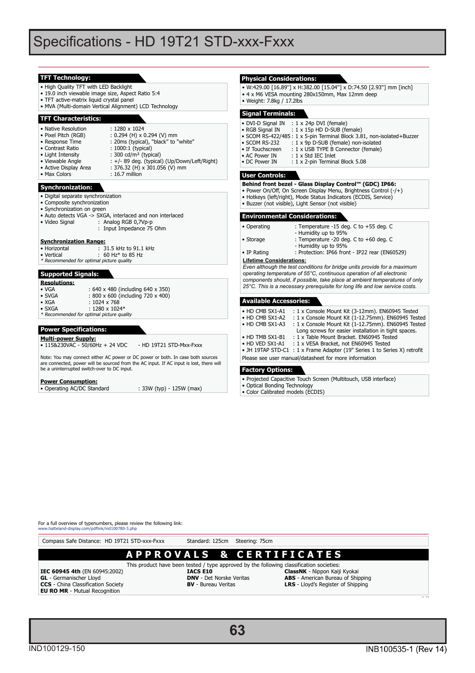 Specifications - hd 19t21 std-xxx-fxxx, Specifications | Hatteland Display 26 inch - HD 26T21 STD (Widescreen) User Manual | Page 63 / 108