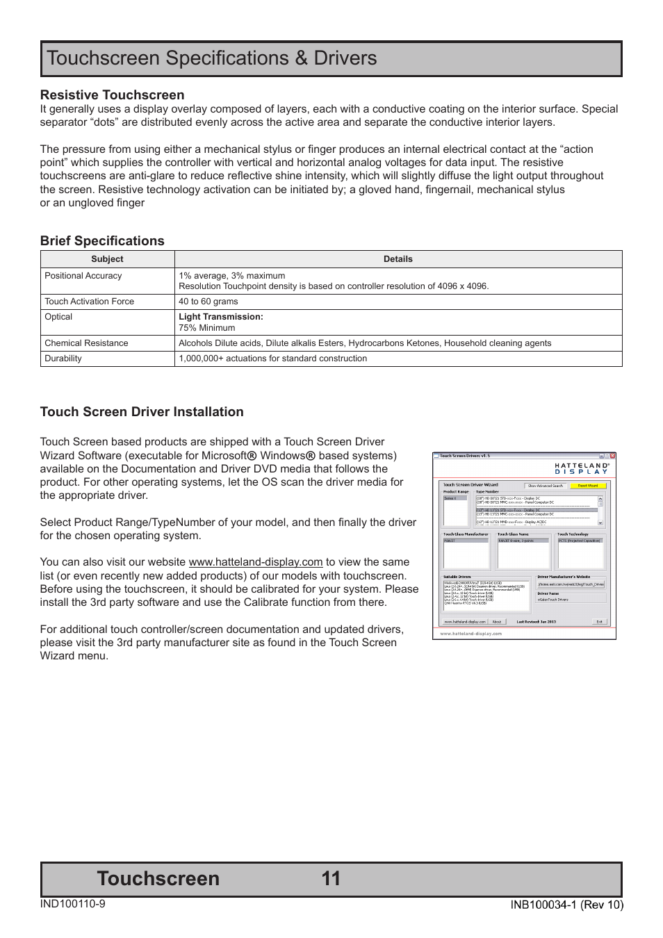 Touchscreen specifications & drivers touchscreen | Hatteland Display 20 inch - HM 20T07 CMD User Manual | Page 11 / 76