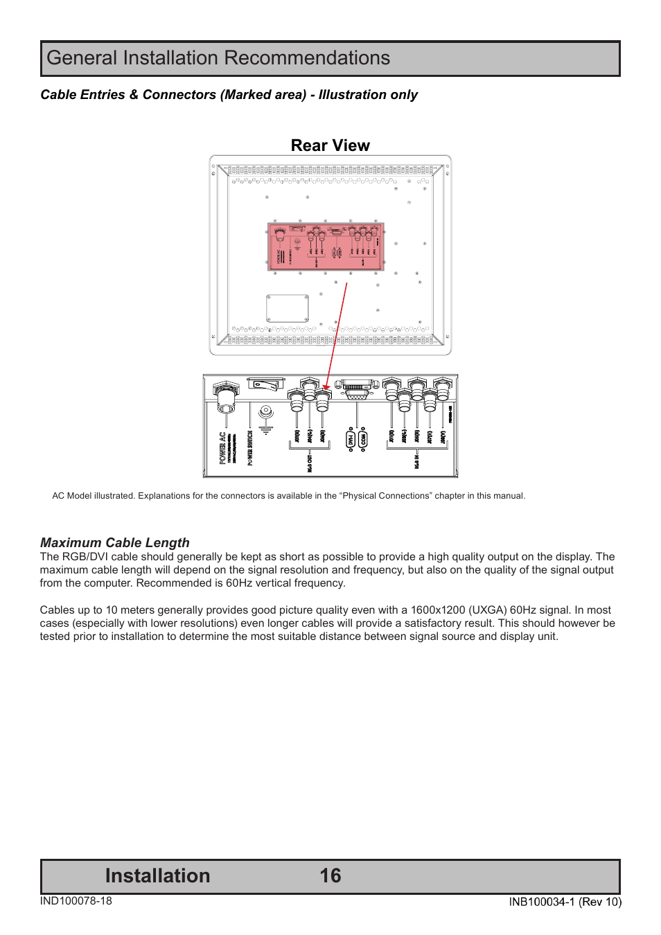 General installation recommendations installation, Rear view | Hatteland Display 20 inch - HM 20T07 CMD User Manual | Page 16 / 76