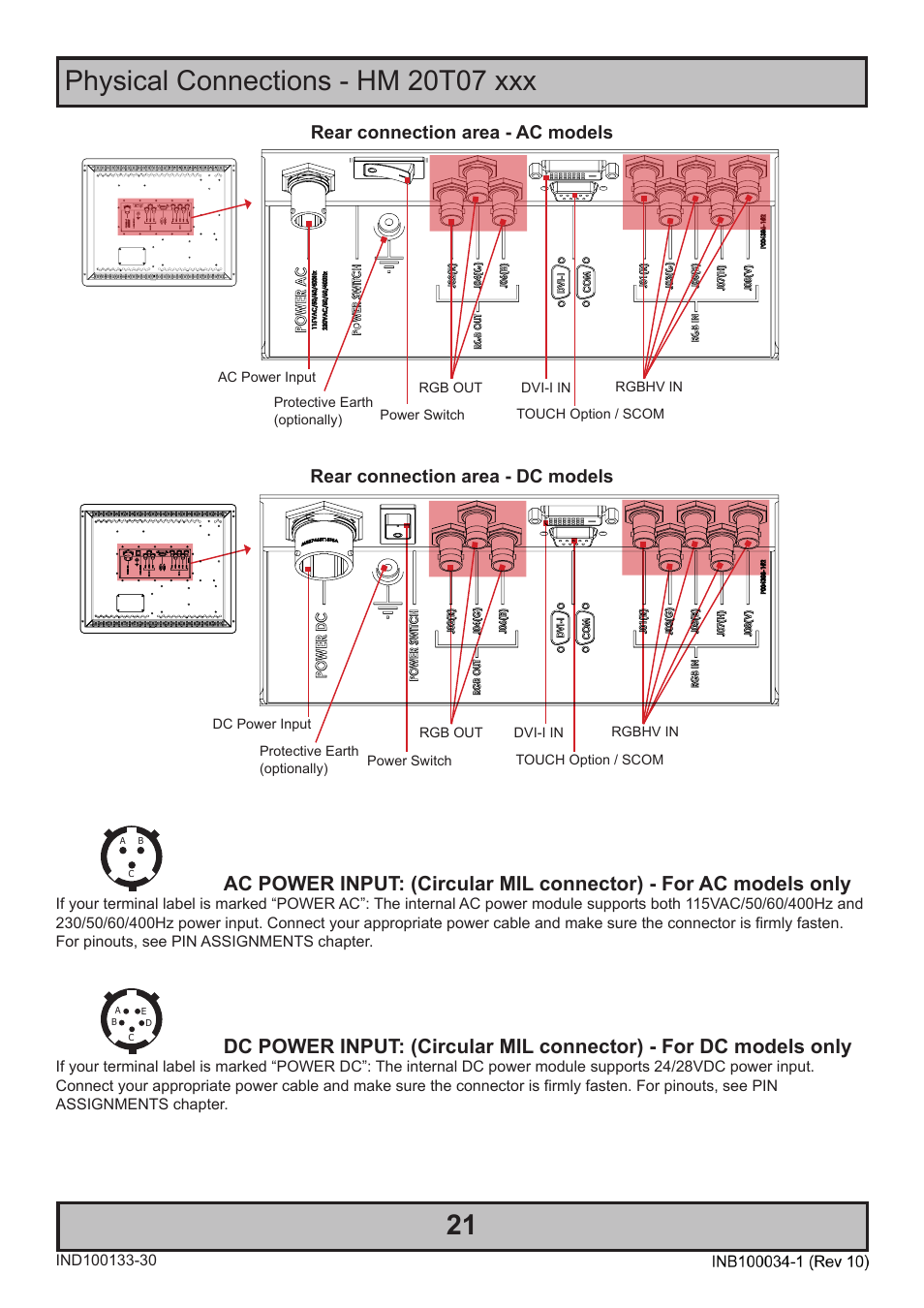 Physical connections - hm 20t07 xxx, Rear connection area - ac models, Rear connection area - dc models | Hatteland Display 20 inch - HM 20T07 CMD User Manual | Page 21 / 76