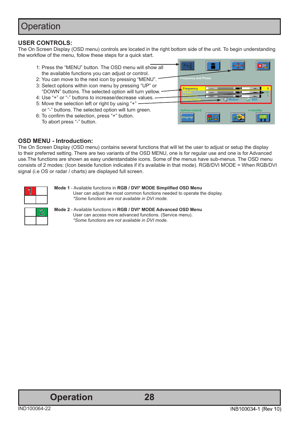 28 operation, Operation 1, User controls | Osd menu - introduction | Hatteland Display 20 inch - HM 20T07 CMD User Manual | Page 28 / 76