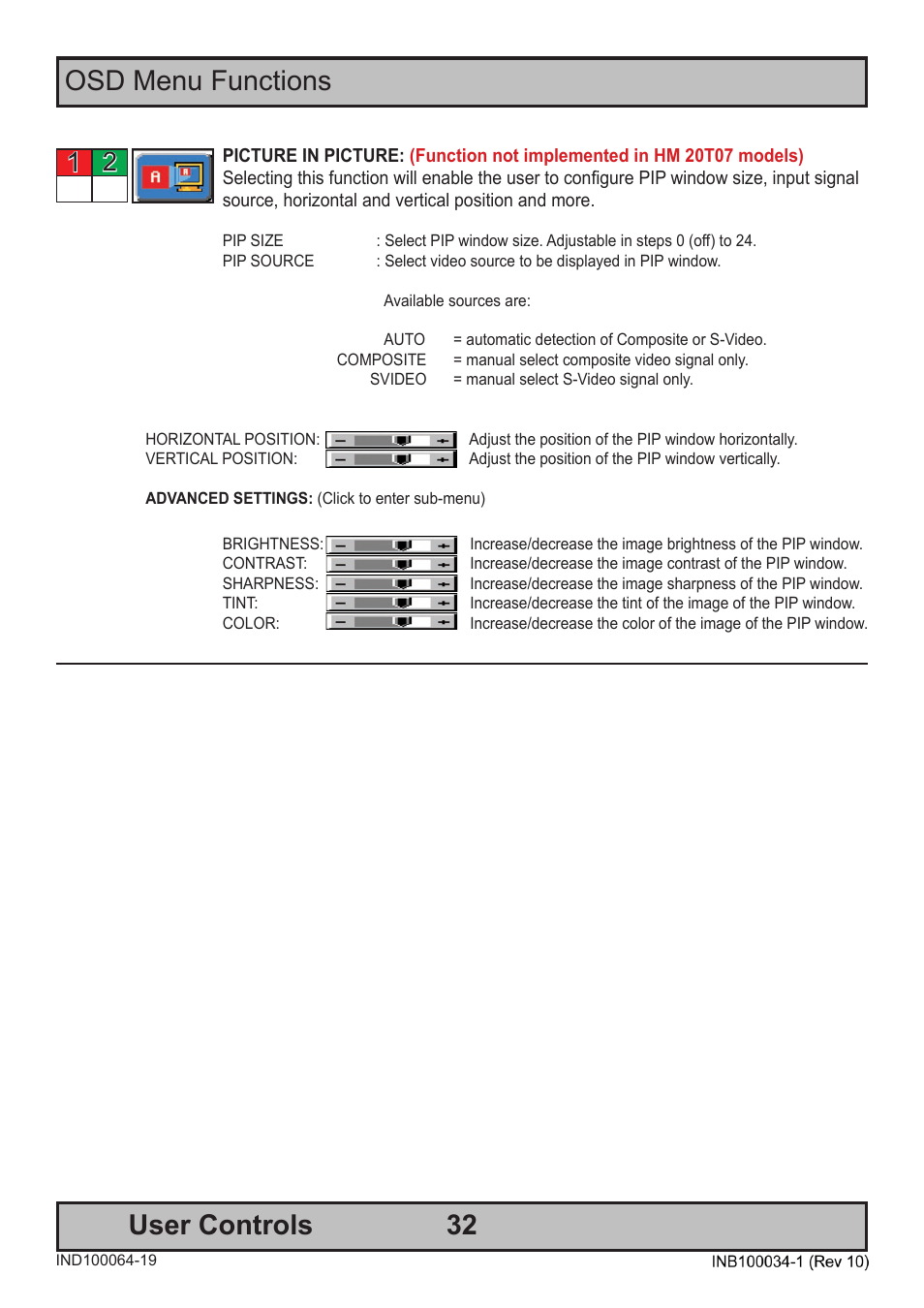 32 user controls, Osd menu functions 1 | Hatteland Display 20 inch - HM 20T07 CMD User Manual | Page 32 / 76