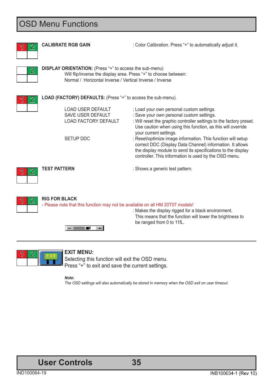 35 user controls, Osd menu functions 1 | Hatteland Display 20 inch - HM 20T07 CMD User Manual | Page 35 / 76