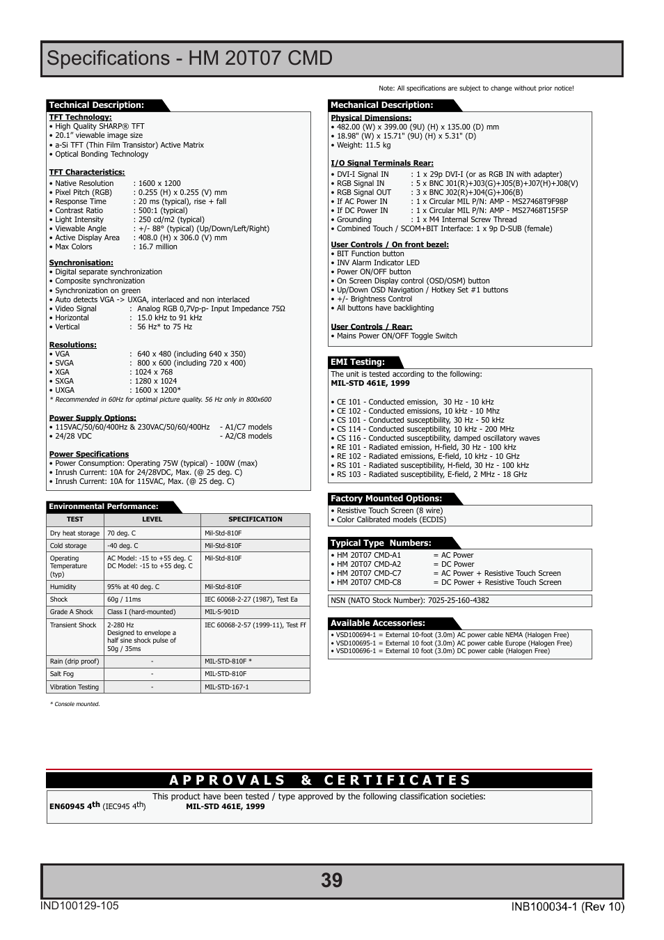 Specifications - hm 20t07 cmd, Product specifications - hm 20t07 cmd | Hatteland Display 20 inch - HM 20T07 CMD User Manual | Page 39 / 76