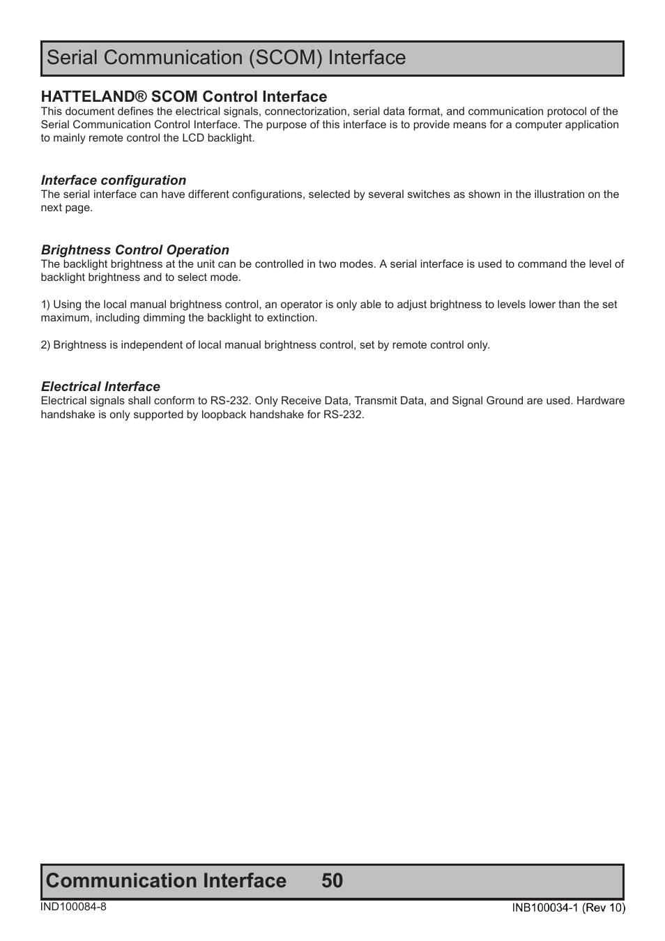 50 communication interface, Serial communication (scom) interface, Hatteland® scom control interface | Hatteland Display 20 inch - HM 20T07 CMD User Manual | Page 50 / 76