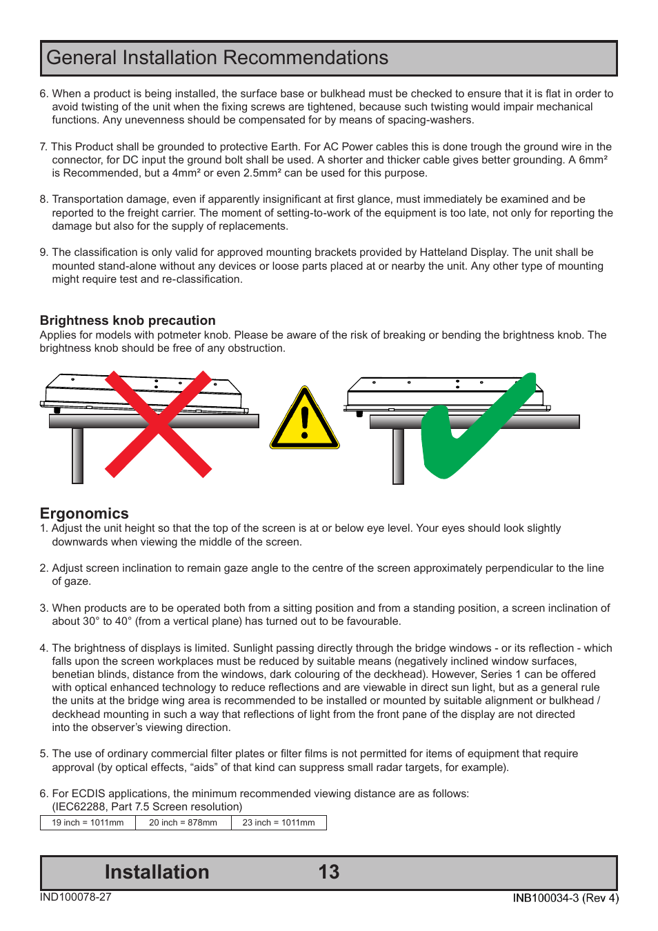 General installation recommendations installation, Ergonomics | Hatteland Display 19 inch - HM 19T14 MMD (TEMPEST) User Manual | Page 13 / 70