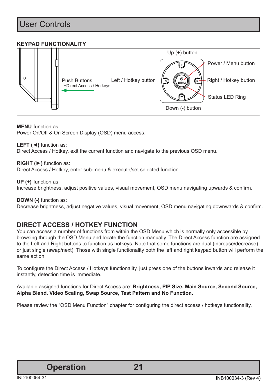 21 operation user controls, Direct access / hotkey function | Hatteland Display 19 inch - HM 19T14 MMD (TEMPEST) User Manual | Page 21 / 70