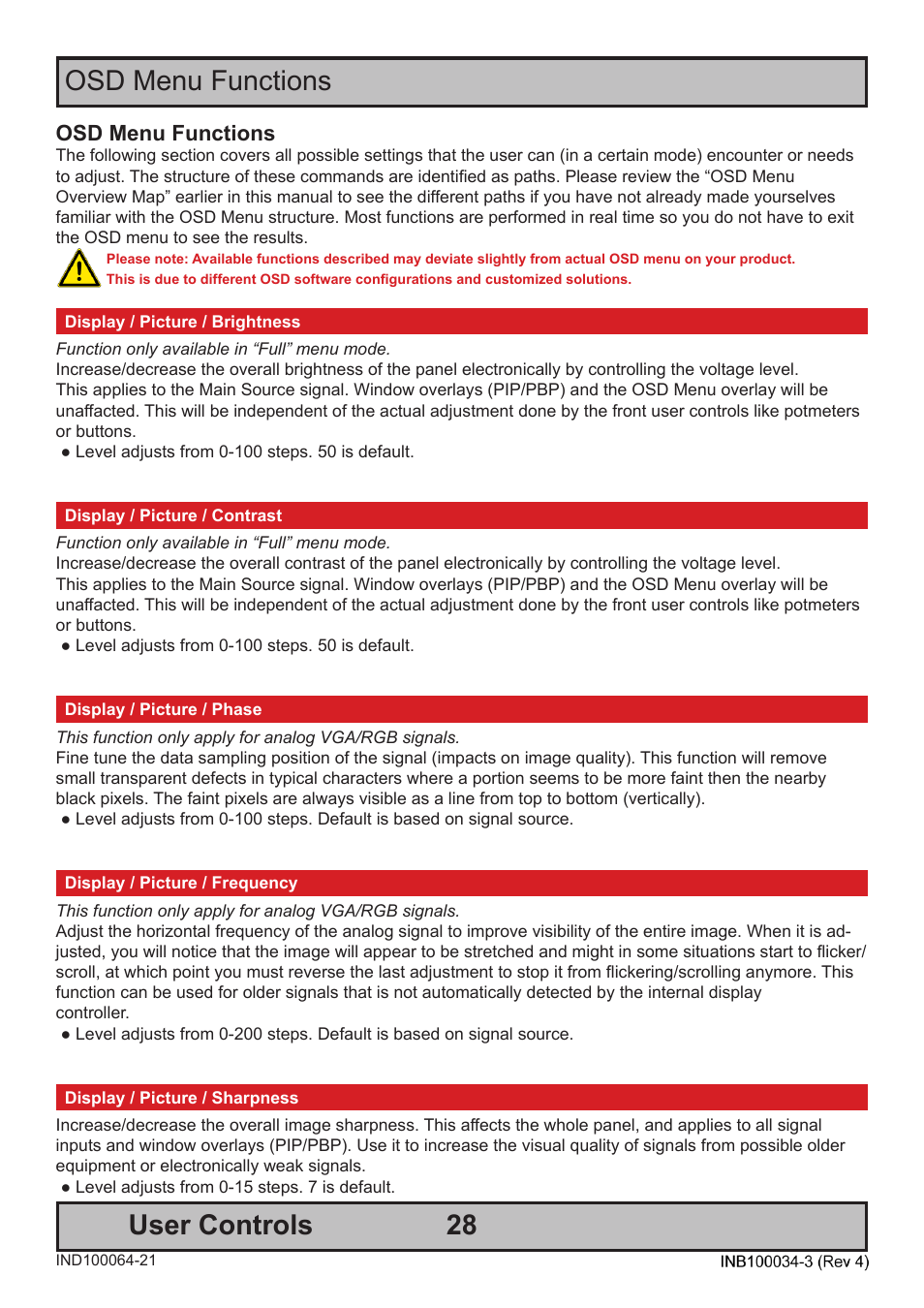 28 user controls, Osd menu functions | Hatteland Display 19 inch - HM 19T14 MMD (TEMPEST) User Manual | Page 28 / 70