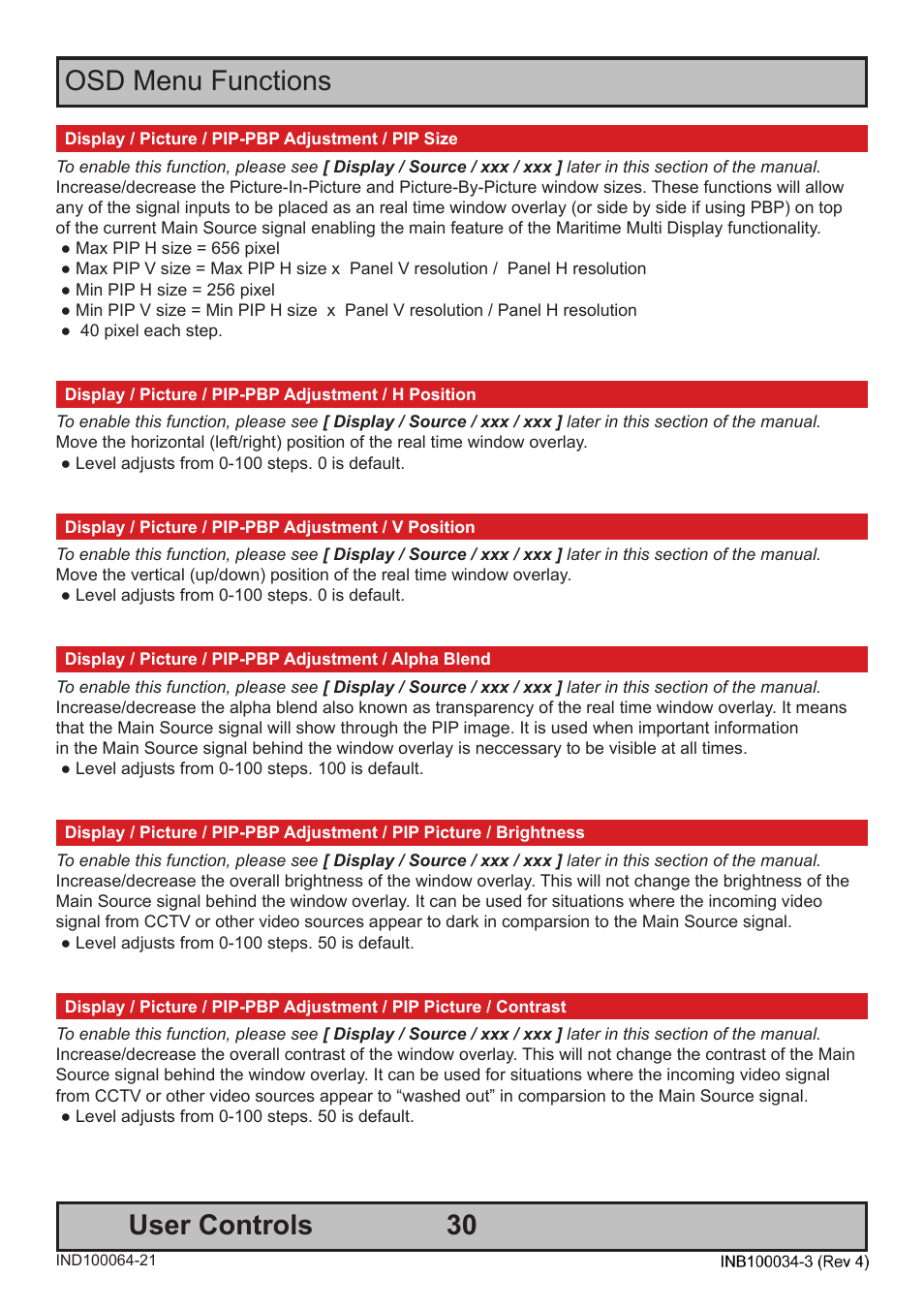 30 user controls, Osd menu functions | Hatteland Display 19 inch - HM 19T14 MMD (TEMPEST) User Manual | Page 30 / 70
