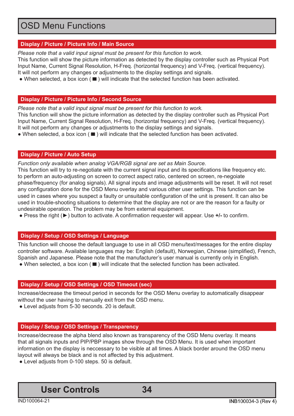 34 user controls, Osd menu functions | Hatteland Display 19 inch - HM 19T14 MMD (TEMPEST) User Manual | Page 34 / 70