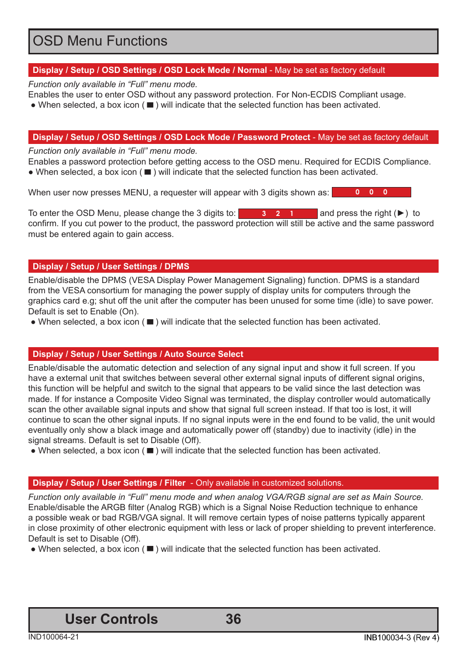 36 user controls, Osd menu functions | Hatteland Display 19 inch - HM 19T14 MMD (TEMPEST) User Manual | Page 36 / 70