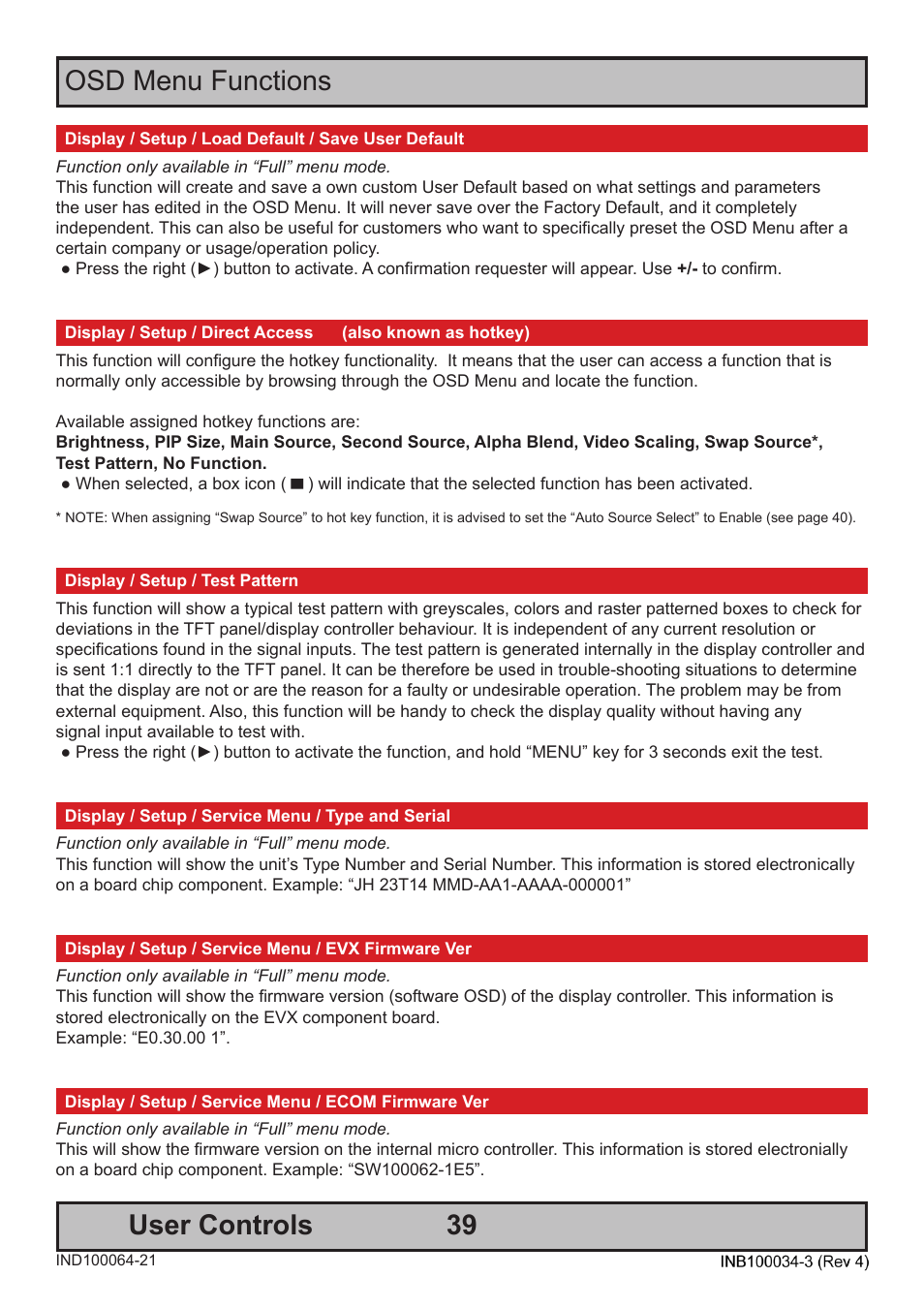 39 user controls, Osd menu functions | Hatteland Display 19 inch - HM 19T14 MMD (TEMPEST) User Manual | Page 39 / 70