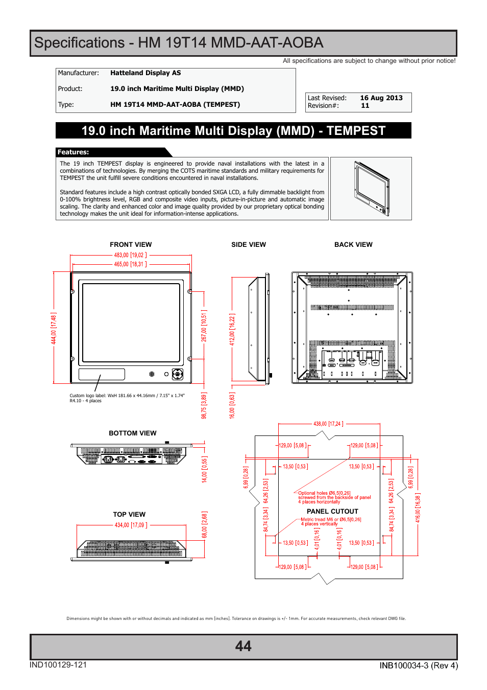 Data sheet, Specifications - hm 19t14 mmd-aat-aoba, 0 inch maritime multi display (mmd) - tempest | Hatteland Display 19 inch - HM 19T14 MMD (TEMPEST) User Manual | Page 44 / 70