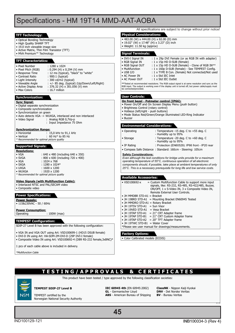 Specifications | Hatteland Display 19 inch - HM 19T14 MMD (TEMPEST) User Manual | Page 45 / 70