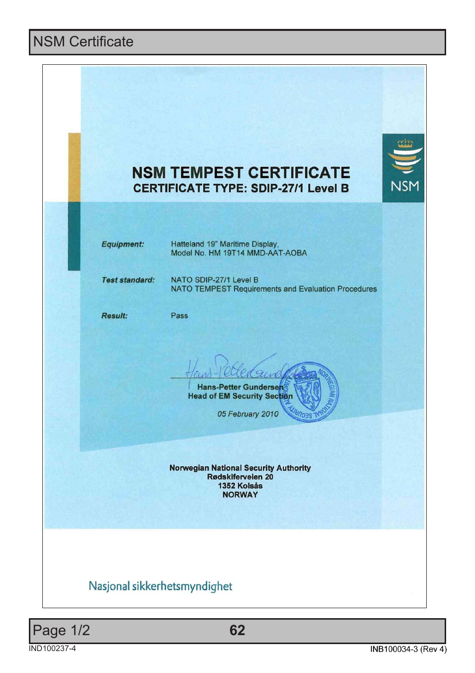 Hatteland Display 19 inch - HM 19T14 MMD (TEMPEST) User Manual | Page 62 / 70
